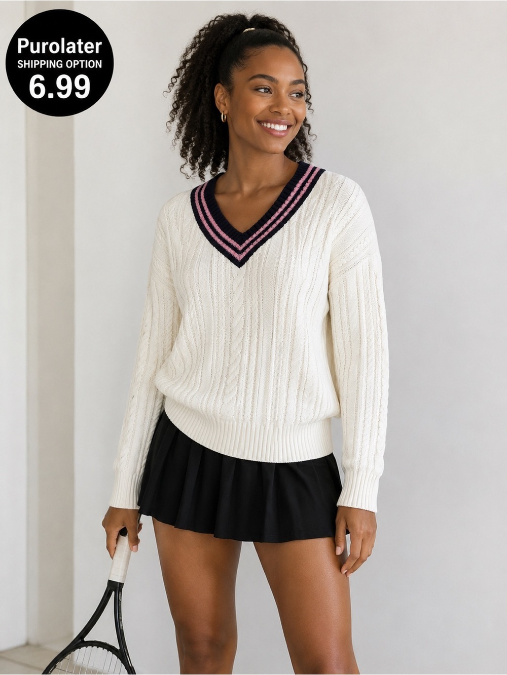 Joe Fresh Cream Cable-Knit V-Neck Tennis Style Sweater with Navy & Pink Trim NWT